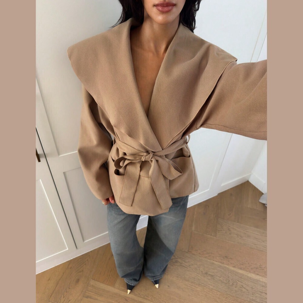 Tan Waterfall Collar Belted Wrap Coat - Picture 4 of 8